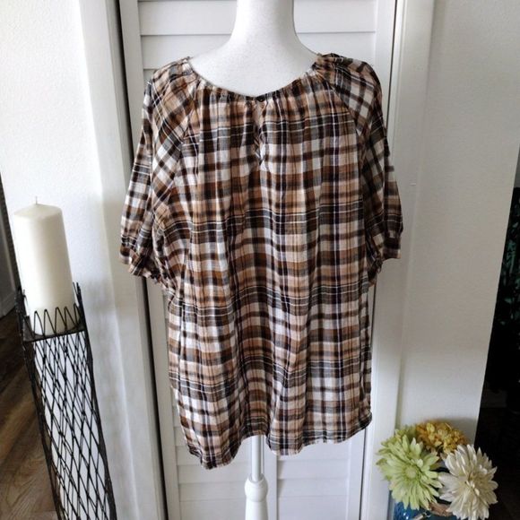 EUC 3X Terra & Sky Plaid Ruffle-Front Short-Sleeve Blouse, 100% Cotton - Picture 6 of 11